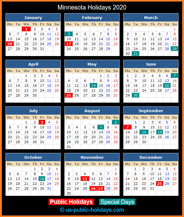 Minnesota Holiday Calendar 2020